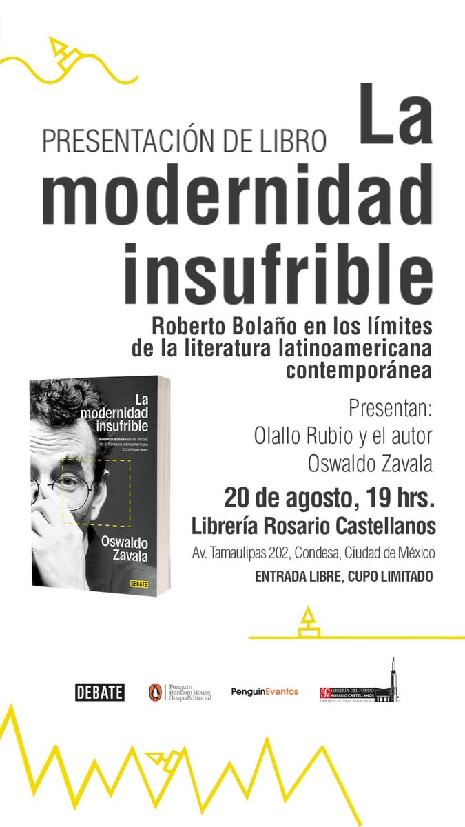 Oswaldo Zavala (@oswaldo__zavala) on Twitter photo Amigos en la CDMX: los invito a la presentación de mi libro “La modernidad insufrible”, sobre la obra de Roberto Bolaño. Será en conversación con mi amigo <a href="/olallo_rubio/">Olallo Rubio</a>, para recorrer la obra del autor chileno y brindar con mezcal Los Suicidas. No falten! Amigos en la CDMX: los invito a la presentación de mi libro “La modernidad insufrible”, sobre la obra de Roberto Bolaño. Será en conversación con mi amigo <a href="/olallo_rubio/">Olallo Rubio</a>, para recorrer la obra del autor chileno y brindar con mezcal Los Suicidas. No falten!