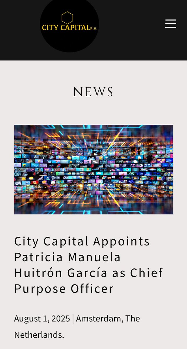 City Capital (@citycapitalbv) on Twitter photo We’re proud to announce the appointment of <a href="/PatyHuitronGR/">Paty Huitron</a> as Chief Purpose Officer at City Capital — a defining step in aligning business strategy with long-term purpose and social impact.
#Read the full press release: citycap.nl/news
#CPO #ESG #ImpactInvesting We’re proud to announce the appointment of <a href="/PatyHuitronGR/">Paty Huitron</a> as Chief Purpose Officer at City Capital — a defining step in aligning business strategy with long-term purpose and social impact.
#Read the full press release: citycap.nl/news
#CPO #ESG #ImpactInvesting