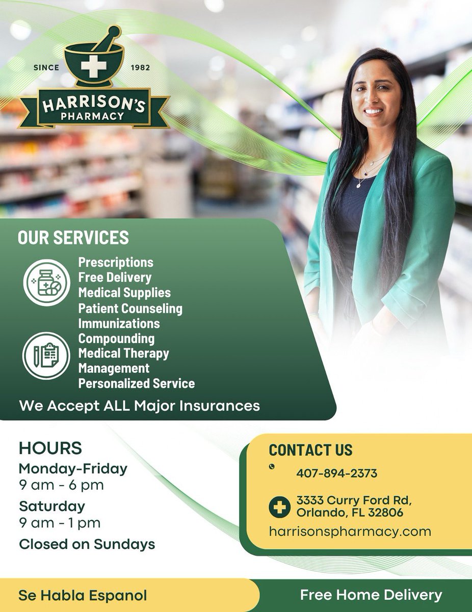 Amarjit58851997's tweet photo. Hi, I’m AJ, the new pharmacist at Harrison’s Pharmacy! 💊
We’re a locally owned, independent pharmacy — committed to personalized care - experience the difference for yourself. We’re here for you! 🏥❤️

#SupportLocal #IndependentPharmacy #OrlandoPharmacy #HarrisonsPharmacy https://t.co/l9raNQQJ13