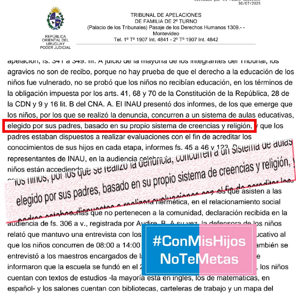 La justicia de Uruguay no solo reconoció el #homeschooling, sino también el derecho de los padres de elegir el sistema educativo de sus hijos, basados en su propio sistema de creencias y religión. #ConMisHijosNoTeMetas #GeneroNuncaMas