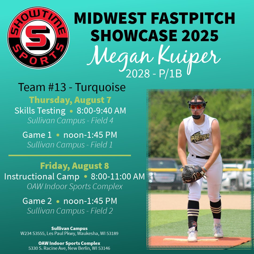 Megan Kuiper (@megankuiper2028) on Twitter photo Thank you so much <a href="/ShowtimeSports1/">Showtime Sports</a> for inviting me to the Midwest Fastpitch showcase! I can't wait to meet new girls and have a great time! Here's my schedule...I hope you can come and check me out! <a href="/IP_09_Chi/">Iowa Premier 16U - Carroll 🥎</a> Thank you so much <a href="/ShowtimeSports1/">Showtime Sports</a> for inviting me to the Midwest Fastpitch showcase! I can't wait to meet new girls and have a great time! Here's my schedule...I hope you can come and check me out! <a href="/IP_09_Chi/">Iowa Premier 16U - Carroll 🥎</a>