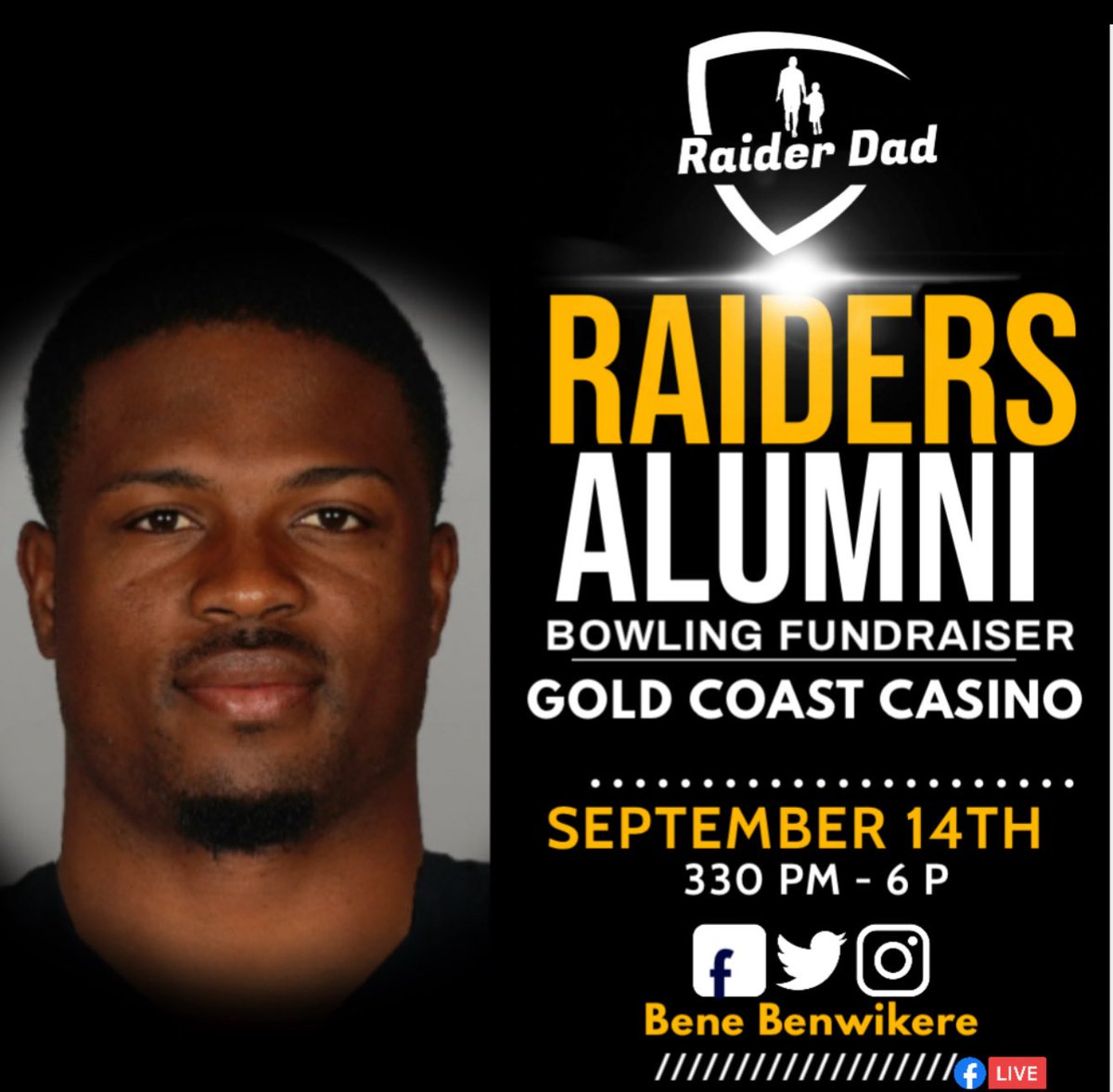 Raider Bowl Presented By Vegas Raider Dad. Join us Sunday, September 14th as we bring together #RaiderNation to help create experiences for young fans to experience a Raiders games. 

Bowling with fans and Raiders Alumni, and giveaways