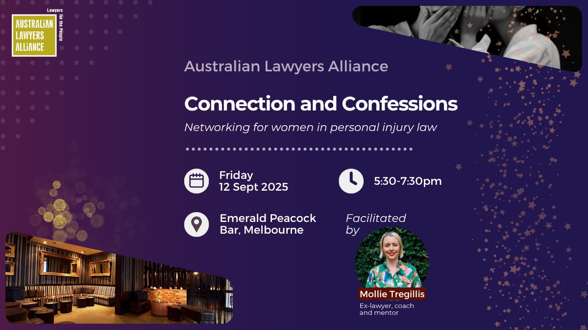 🤝 Connection and confessions: An evening for women in personal injury law. 

Join the ALA on Friday 12 September in Melbourne to connect, sharing stories and the unscripted side of legal life. 

🎟️ Register here: lawyersalliance.com.au/Web/Web/Events…

#ALAevents #Melbourne #networking