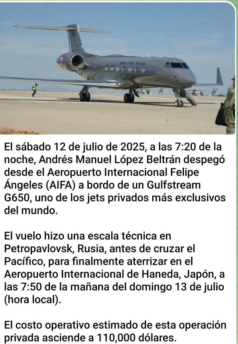 Juan Pablo Alvarez G (@jpalgd) on Twitter photo Y resulta que fue cierto que Andy viajó a Japón en el un Gulfstream de la Fuerza Aérea Mexicana…
Nos costó 110,000 dólares.
Le notificaron a <a href="/Claudiashein/">Claudia Sheinbaum Pardo</a> ?? Y resulta que fue cierto que Andy viajó a Japón en el un Gulfstream de la Fuerza Aérea Mexicana…
Nos costó 110,000 dólares.
Le notificaron a <a href="/Claudiashein/">Claudia Sheinbaum Pardo</a> ??