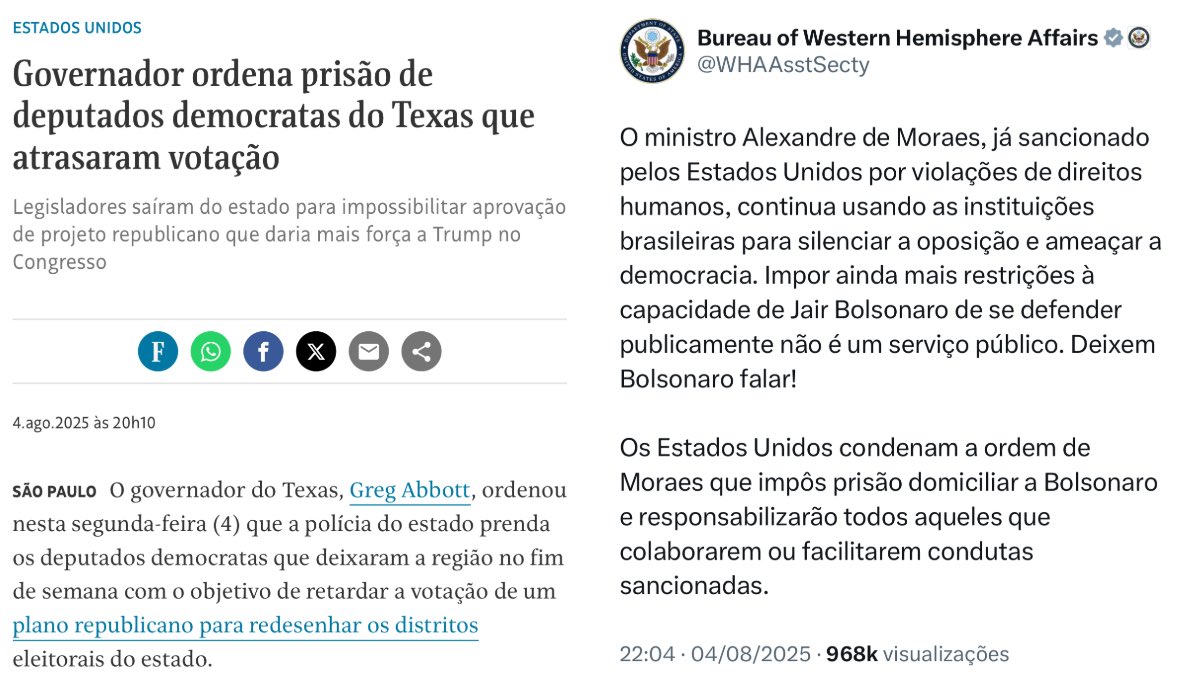 Tem governador trumpista mandando prender deputado que atrasou votação de plano para redesenhar distritos e, assim, manter estreita maioria republicana no Texas, porém Trump quer dar pitaco na solidez das instituições democráticas do Brasil 🤨