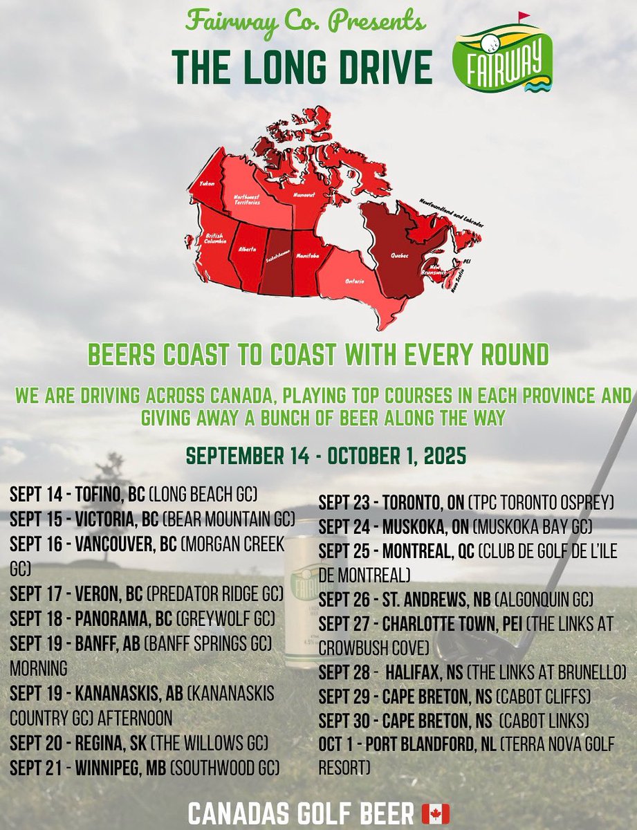 What’s the craziest thing we can do to get people excited about &amp; trying our golf beer in Canada — were driving across the country in 18 days, playing 18 courses from coast to coast and getting as many people out as we can 🤝

If you love the game of golf, hit me ⛳️
