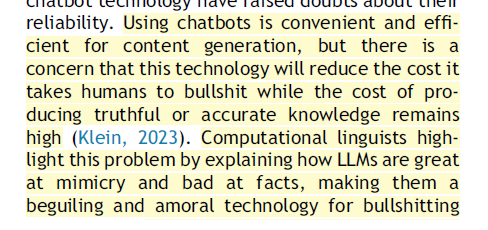 "LLMs are great at mimicry and bad at facts, making them a beguiling and amoral technology for bullshitting" -- Hannigan et al. 2024 'Beware of botshit' safetyinsights.org/2025/08/05/ai-… #ai #llm #Tech