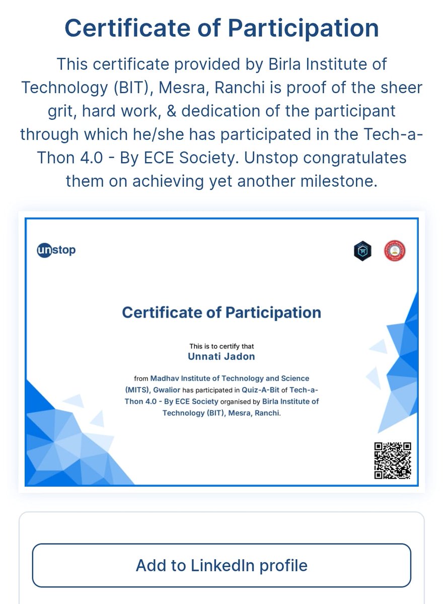 anonymous_mee17's tweet image. 📜 Got this for participating in Quiz-A-Bit at Tech-a-Thon 4.0 by BIT Mesra.
Didn’t crack it — pure MCQs, no cheating possible 😩💯
Still, a fun reminder that learning &amp;gt; winning sometimes 😅
#Techathon #BITMesra #QuizTime #StudentLife #ParticipationMatters