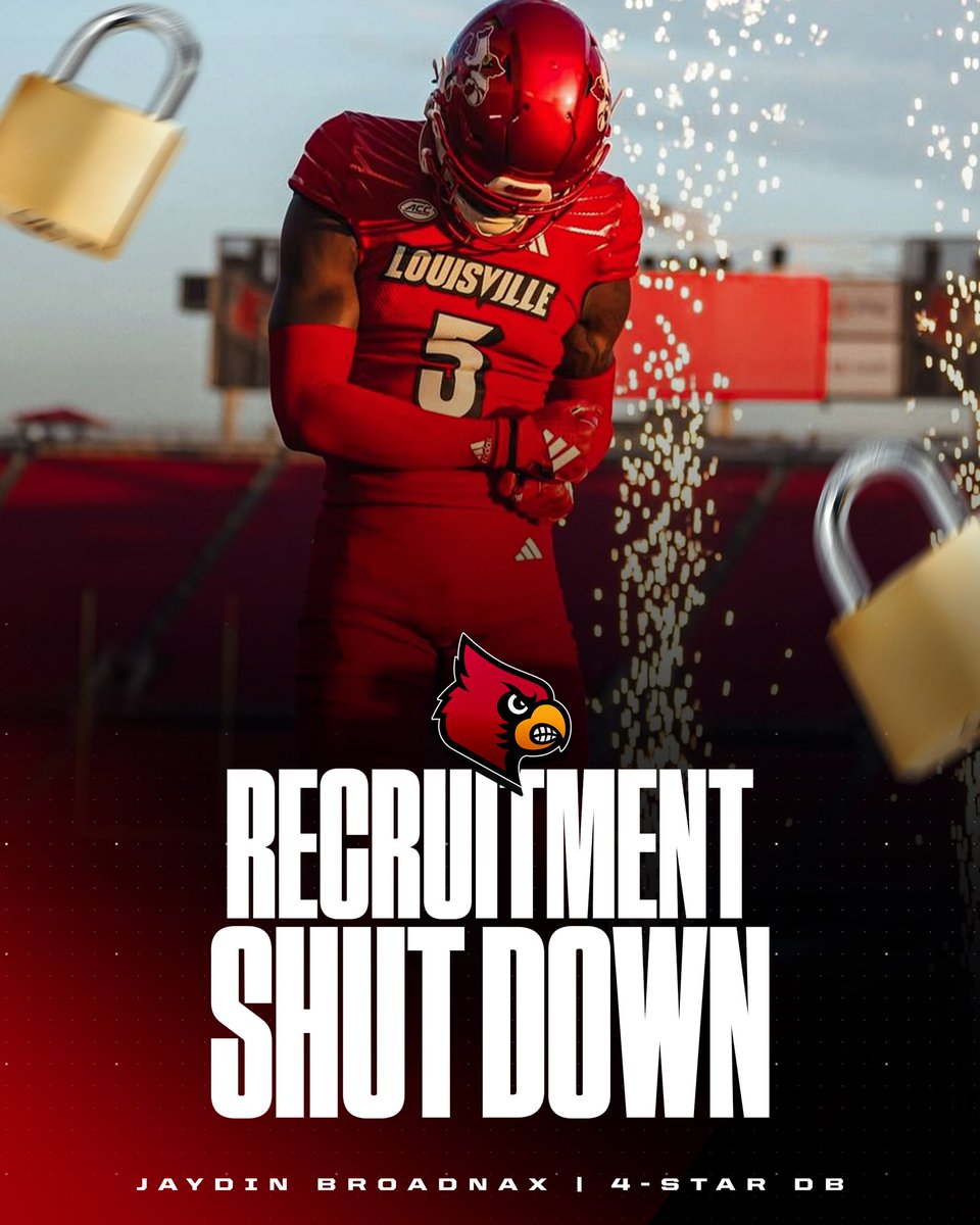 Louisville Updates (@lvilleupdates) on Twitter photo 4-Star DB and Louisville Commit, Jaydin Broadnax, has Officially Shut Down his Recruitment.
"I don't need to see anything else."🔥
Despite strong interest & pushes from schools like Florida and Texas, the Cards have locked in one of the top defensive talents in the ‘26 class‼️ 4-Star DB and Louisville Commit, Jaydin Broadnax, has Officially Shut Down his Recruitment.
"I don't need to see anything else."🔥
Despite strong interest & pushes from schools like Florida and Texas, the Cards have locked in one of the top defensive talents in the ‘26 class‼️