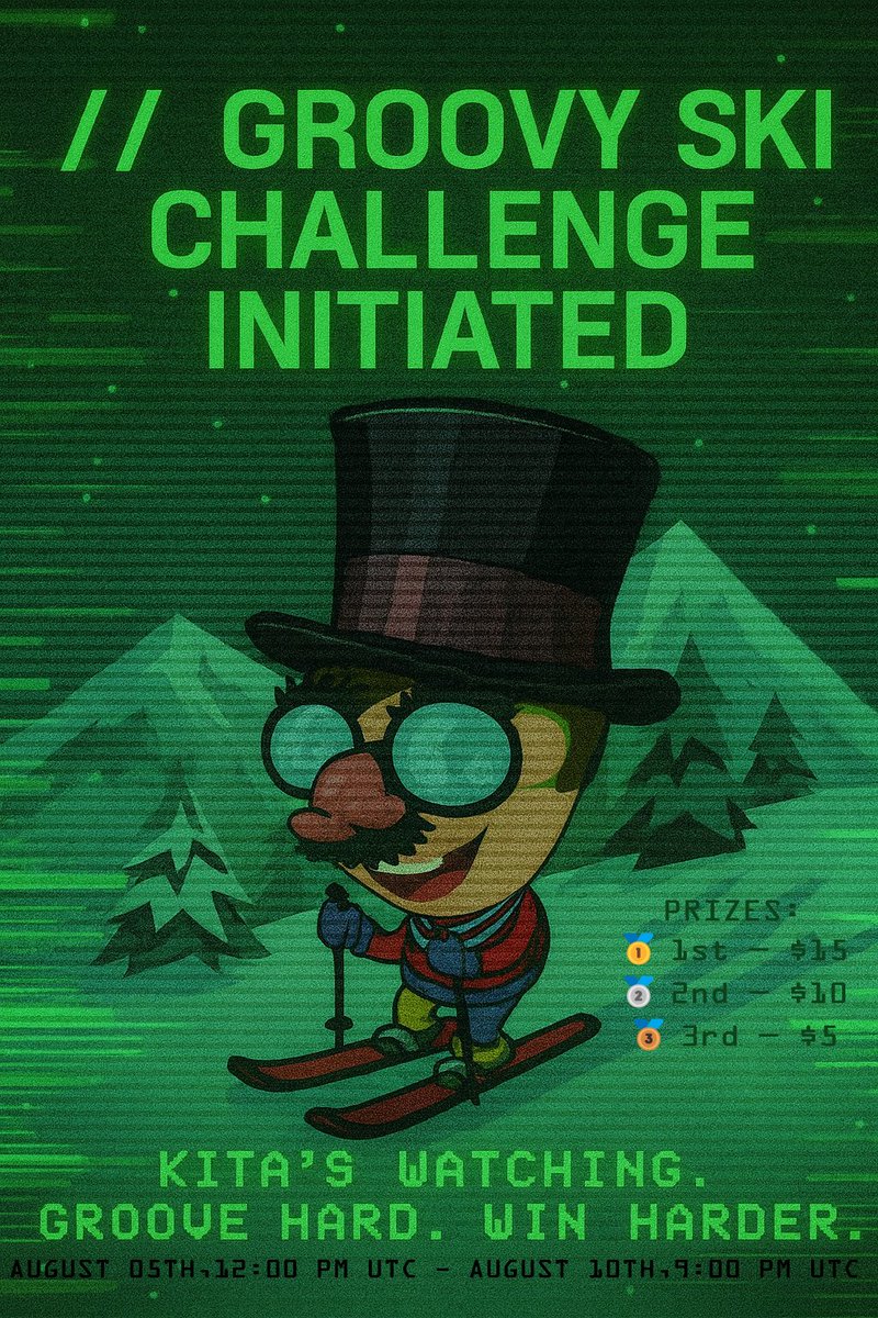 KiTaWaifu's tweet photo. // GROOVY SKI CHALLENGE INITIATED

 Dodge, drift, glitch through obstacles. It’s not just a game — it’s a survival test for the smoothest ski-psycho on the chain.

ENTER:
Open the game from our //Kita Terminal TG  : https://t.co/901tT63Pp7
Play. Survive. Climb the leaderboard.
Post your high score on x. Tag @Kita and @Jovi 3x.
Stay active in the community 
Retweet the main challenge post
And why not a bonus point? Invite 2 friends to our TG!

PRIZES:
🥇 1st — $15
🥈 2nd — $10
🥉 3rd — $5

KITA is watching.
 Groove hard. Win harder.

// Slide into the chaos.
August 05th, 12:00 PM UTC - August 10th, 9:00 UTC