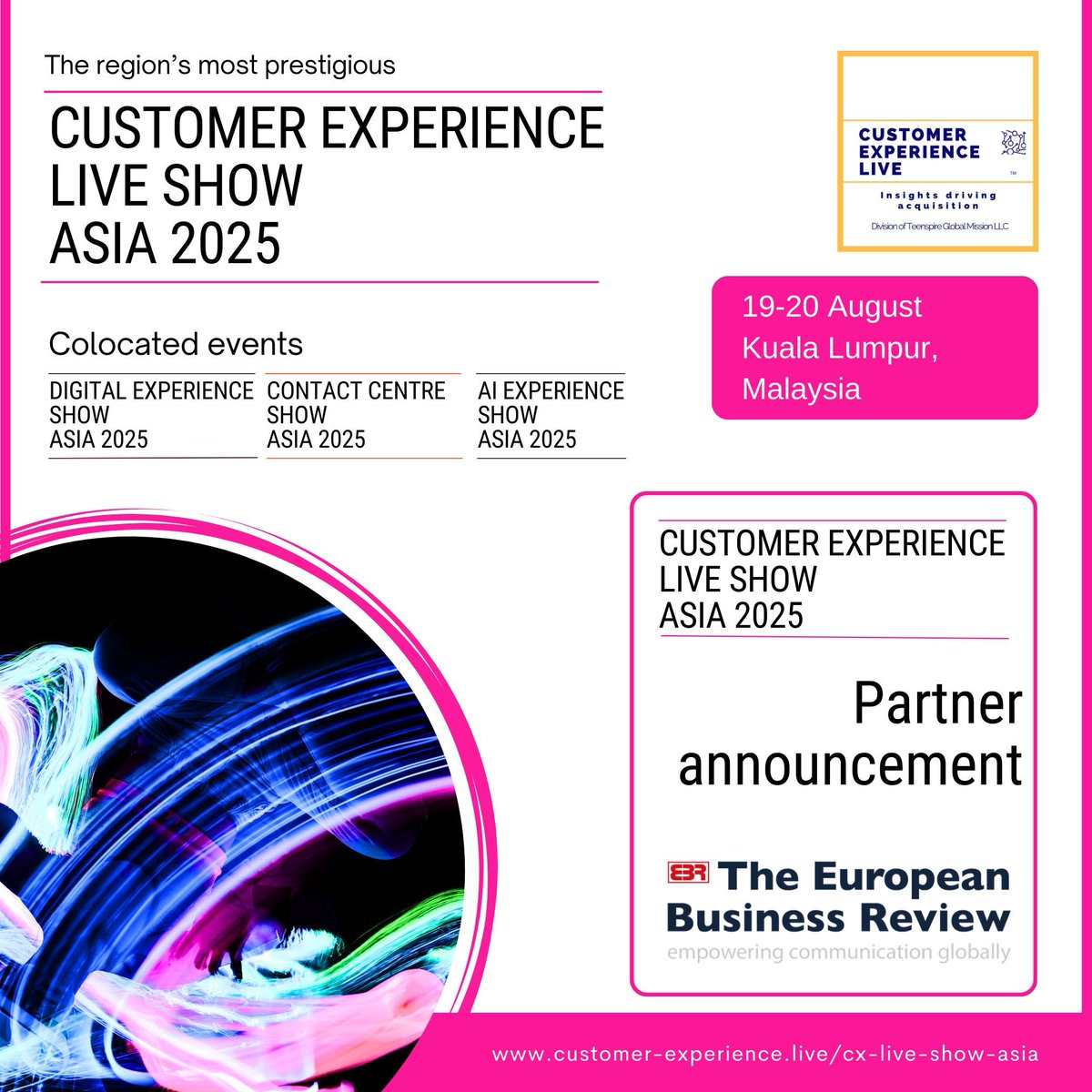 CXLiveTweets's tweet image. We are excited to welcome The European Business Review as our Partner for the Customer Experience Live Show Asia 2025 on 19-20 August in Kuala Lumpur.

Register as a group buff.ly/3ZWOsTh

#CXLiveTweets #CXLive #CXLiveShow #CustomerExperience #CXTips #CustomerEngagement