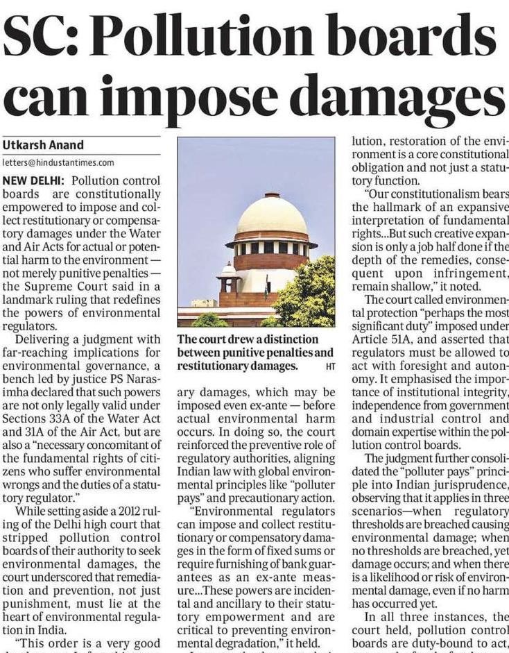 Win for environmental accountability💙

Supreme Court empowers Pollution Control Boards to levy restitutionary damages under Water &amp; Air Acts, to restore air &amp; water to their original, pristine state. 
“Polluter pays” isn’t just principle; it’s enforceable!
