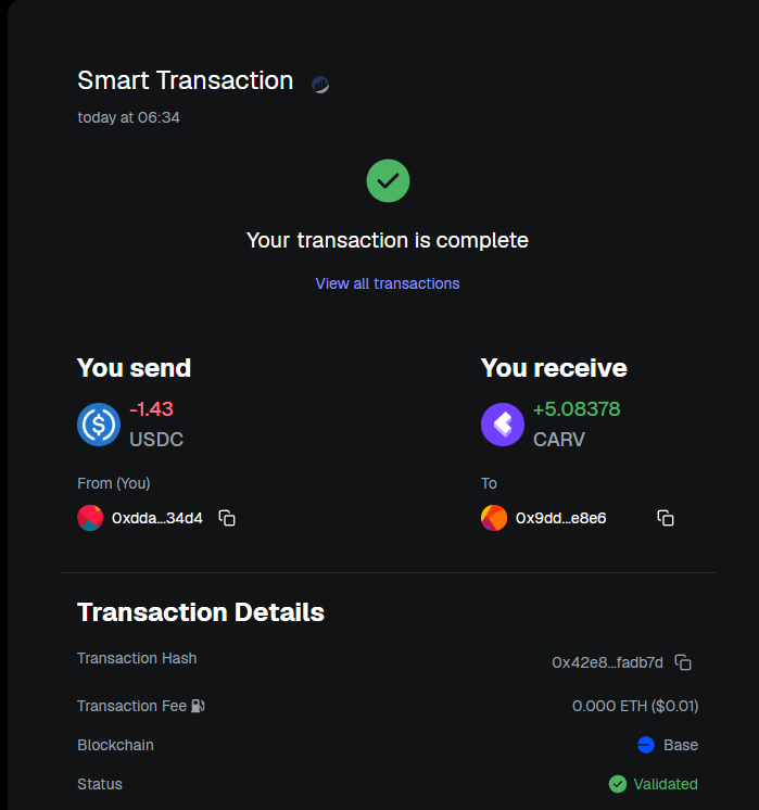 DAY2 my DCA strategy for $CARV- 
 $ =&gt;&gt; 5 $CARV today  
My challenge is to buy/swap 5 $CARV every day  
Here is tx:0x42e8941642500850657bc235063218fe28f4559f204d15496a7c9520a1fadb7d
Join to this challenge too  #DCA #CARV
<a href="/carv_official/">CARV</a>
<a href="/DelioPaul/">Paul</a>
<a href="/Mrsnowlink/">Mr snow</a>
<a href="/Fener1907RvP/">pourin1.play | CARV</a>