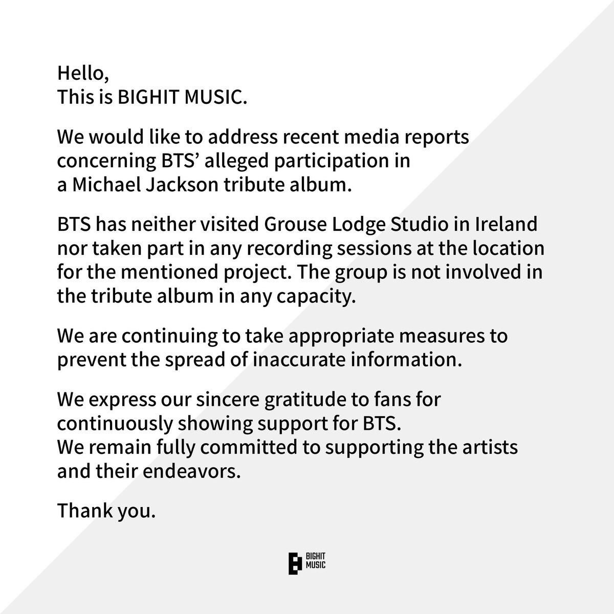 📢 [COMUNICADO OFICIAL]
Este es un anuncio de BIGHIT MUSIC.

Queremos aclarar los recientes informes en medios sobre la supuesta participación de BTS en un álbum tributo a Michael Jackson.

📍 BTS no ha visitado el estudio Grouse Lodge en Irlanda, ni ha participado en ninguna