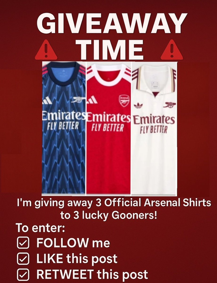 Jay Patel (@jayp6181) on Twitter photo Last season, I gave away 12 shirts and 5 tickets to go and watch <a href="/Arsenal/">Arsenal</a> at The Emirates!
2025/2026 starts NOW ....... 13 shirts, 3 lucky winners!! GO!
Winners will be announced FRIDAY 15th Aug. You MUST 'Like, Retweet and Follow' πͺπΎβ€οΈ #giveaway #ArsenalGiveaway #Arsenal #COYG Last season, I gave away 12 shirts and 5 tickets to go and watch <a href="/Arsenal/">Arsenal</a> at The Emirates!
2025/2026 starts NOW ....... 13 shirts, 3 lucky winners!! GO!
Winners will be announced FRIDAY 15th Aug. You MUST 'Like, Retweet and Follow' πͺπΎβ€οΈ #giveaway #ArsenalGiveaway #Arsenal #COYG