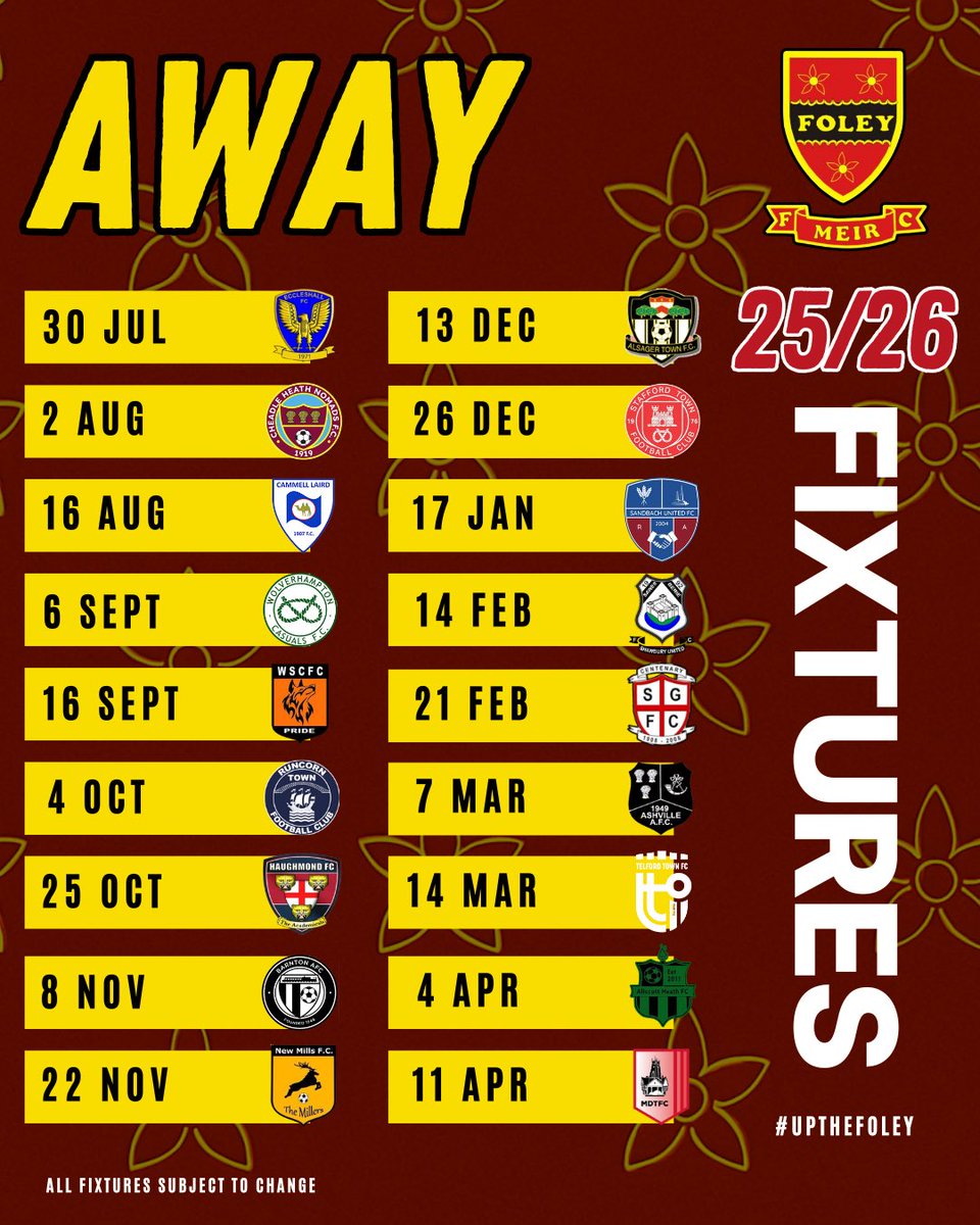 foley_fc's tweet photo. ๐
FOLEY MEIR FC 25/26 SEASON FIXTURES ๐ดโซ๏ธ
The wait is over! Here is our full fixture list for the 2025/26 campaign!
๐ฅ Plenty of big games, YOUR support will be needed home & away โ mark the dates and get behind the lads!
#UpTheFoley | #NonLeagueFootball | #FixtureRelease https://t.co/Jed5mRcKxX