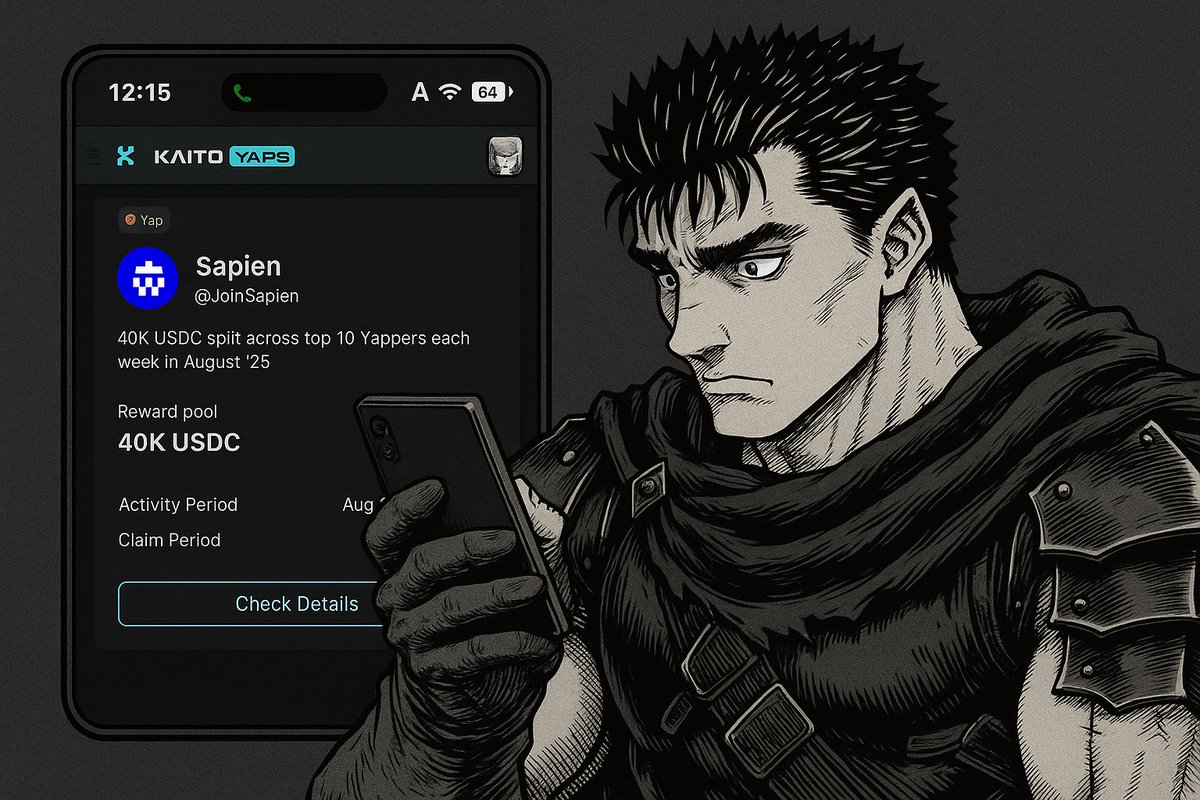 Woke up this morning and found a new campaign by <a href="/KaitoAI/">Kaito AI 🌊</a>
AI-powered and backed by <a href="/JoinSapien/">Sapien</a>
you yap, you earn - real rewards in USDC

i’m super bullish on AI so this caught my eye fast
top 10 every week gets 1K USDC
4 weeks = 4 chances
just clean money for activity

starting