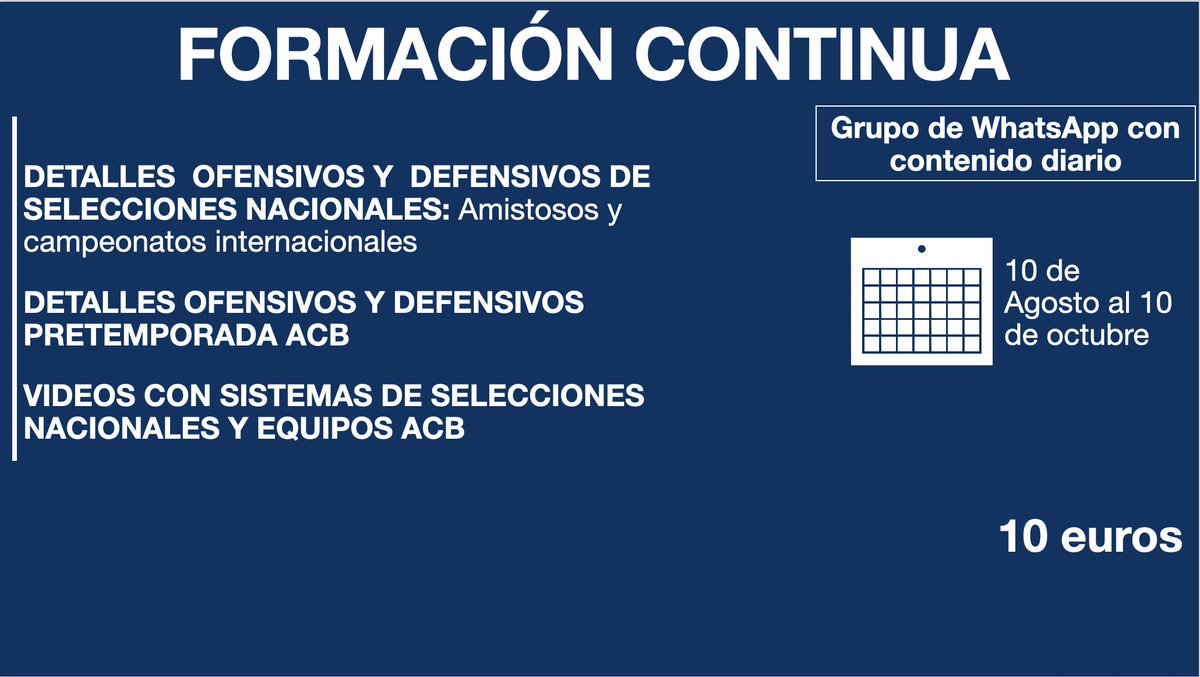 FORMACIÓN

Si quieres acceder a contenido diario durante los próximos 2 meses (10 de agosto-10 de octubre) con detalles ofensivos y defensivos de selecciones nacionales y equipos ACB (pretemporada), escríbeme MD