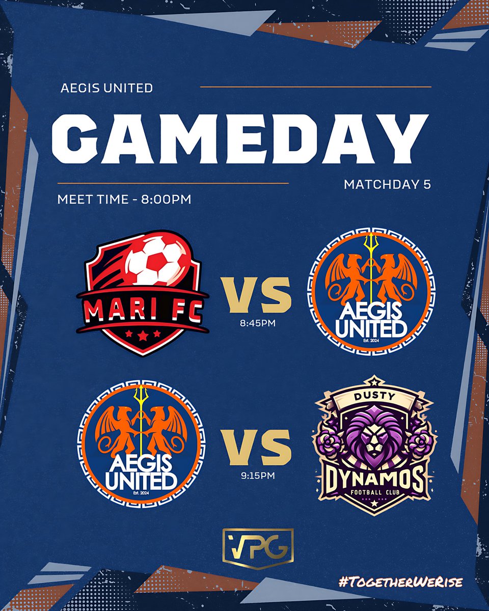 It’s MATCHDAY 5 of <a href="/VPGEurope/">Virtual Pro Gaming | Europe</a> 🏆

Tonight see’s us face <a href="/Marifc2025/">Mason Matthews</a> &amp; <a href="/DustyDynamos/">Dusty Dynamos</a>.

Last night was nothing short of embarrassing if I’m honest, all we can do now is bounce back &amp; show our quality tonight💪🏻 

Up The Aegis.

#TogetherWeRise🛡️ #VPG #Esports