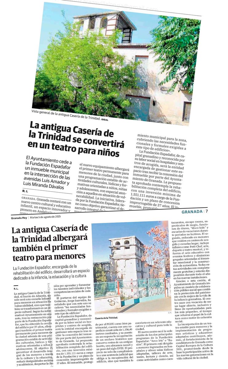 🗞️Hoy los medios publican la cesión de Casería de la Trinidad a la Fundación @fundacionespadafor para la construcción de un nuevo centro cultural infantil con un teatro los fines de semana

La ciudad y los niños ganan un nuevo espacio cultural

#GranadaEsCultura
#Granada2031🗝️🇪🇺
