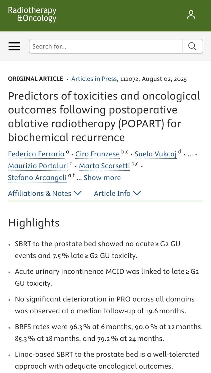 Federica Ferrario (@fefe_ferrario) on Twitter photo So proud to share mid-term results of our POPART trial on prostate bed SBRT — core of my thesis and a project I deeply believe in ✨
Alongside #SCIMITAR & #SHORTER, another step towards the 5fx revolution! 💥
Forever🙏🏼<a href="/StAr_MCM74/">Stefano Arcangeli</a>
50days free access⬇️
authors.elsevier.com/c/1lYbQcA0-MUS1 So proud to share mid-term results of our POPART trial on prostate bed SBRT — core of my thesis and a project I deeply believe in ✨
Alongside #SCIMITAR & #SHORTER, another step towards the 5fx revolution! 💥
Forever🙏🏼<a href="/StAr_MCM74/">Stefano Arcangeli</a>
50days free access⬇️
authors.elsevier.com/c/1lYbQcA0-MUS1
