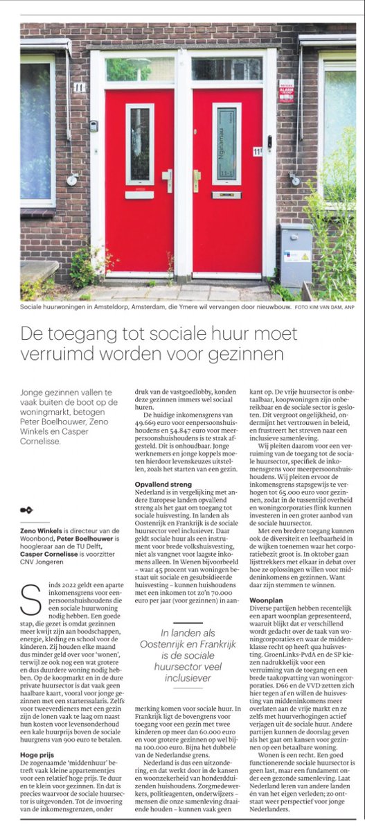 De toegang tot sociale huur moet verruimd worden. Door te strenge inkomensgrenzen vallen veel mensen en met name jonge gezinnen buiten de boot.

Vandaag deze opinie van <a href="/PJBoelhouwer/">Peter Boelhouwer</a> <a href="/Casper_cor/">Casper Cornelisse</a> en <a href="/ZenoWinkels/">Zeno Winkels</a> in Dagblad Trouw 📰

👉 trouw.nl/opinie/opinie-…
