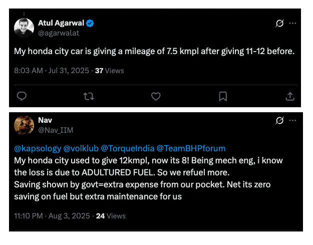 Kapil (@kapsology) on Twitter photo All <a href="/Honda/">Honda</a> cars in India are E20 compatible since 2009, still consumers are reporting massive drop in fuel efficiency after the forced E20 implementation by the Modi government.
<a href="/PetroleumMin/">Ministry of Petroleum and Natural Gas #MoPNG</a> <a href="/nitin_gadkari/">Nitin Gadkari</a> <a href="/HardeepSPuri/">Hardeep Singh Puri</a> need lot to answer! All <a href="/Honda/">Honda</a> cars in India are E20 compatible since 2009, still consumers are reporting massive drop in fuel efficiency after the forced E20 implementation by the Modi government.
<a href="/PetroleumMin/">Ministry of Petroleum and Natural Gas #MoPNG</a> <a href="/nitin_gadkari/">Nitin Gadkari</a> <a href="/HardeepSPuri/">Hardeep Singh Puri</a> need lot to answer!
