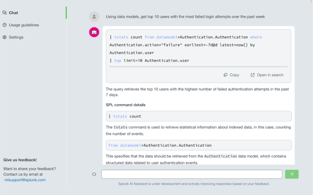 Announcing the general availability of Splunk AI Assistant for SPL (SAIA) through a cloud connected solution. bit.ly/3J1FgHk