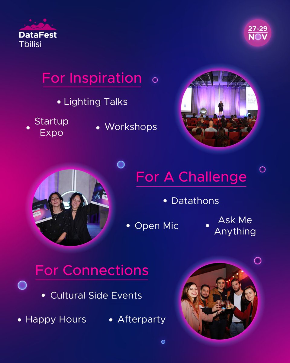 Inspiration, challenges, and connections – it’s all happening at DataFest Tbilisi 2025,  your annual opportunity to exchange expertise and grow 🚀

You don’t want to hear about it later - you want to BE THERE.