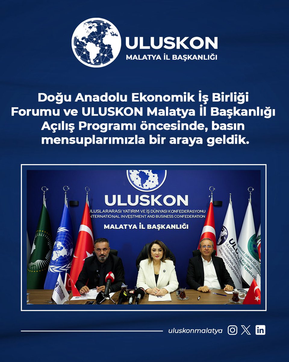 Doğu Anadolu Ekonomik İş Birliği Forumu ve ULUSKON Malatya İl Başkanlığı Açılış Programı öncesinde, basın mensuplarımızla bir araya geldik. 

Katılım sağlayan tüm kıymetli basın temsilcilerimize teşekkür ederiz.

#Uluskon #UluskonMalatya #UluslararasıİşBirliği #DünyaTicareti