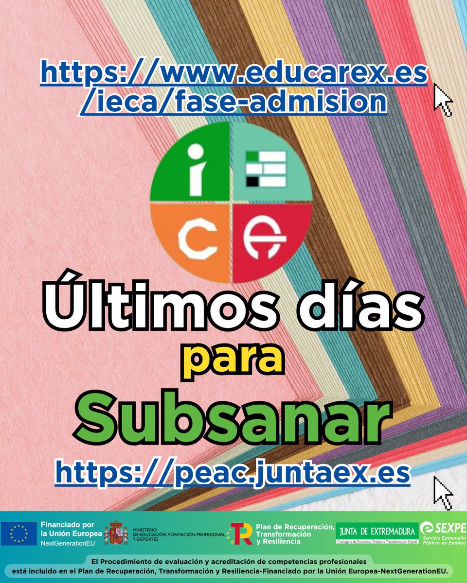 IECA (@_i_e_c_a_) on Twitter photo Últimos días para subsanar.
Una vez que haya subido toda la documentación requerida, tendrás que confirmar la subsanación.
Más información en:
educarex.es/ieca/fase-admi…
(Desplegable estoy en el listado de " SUBSANACIÓN")
Plataforma: peac.juntaex.es
Correo: ieca@educarex.es Últimos días para subsanar.
Una vez que haya subido toda la documentación requerida, tendrás que confirmar la subsanación.
Más información en:
educarex.es/ieca/fase-admi…
(Desplegable estoy en el listado de " SUBSANACIÓN")
Plataforma: peac.juntaex.es
Correo: ieca@educarex.es