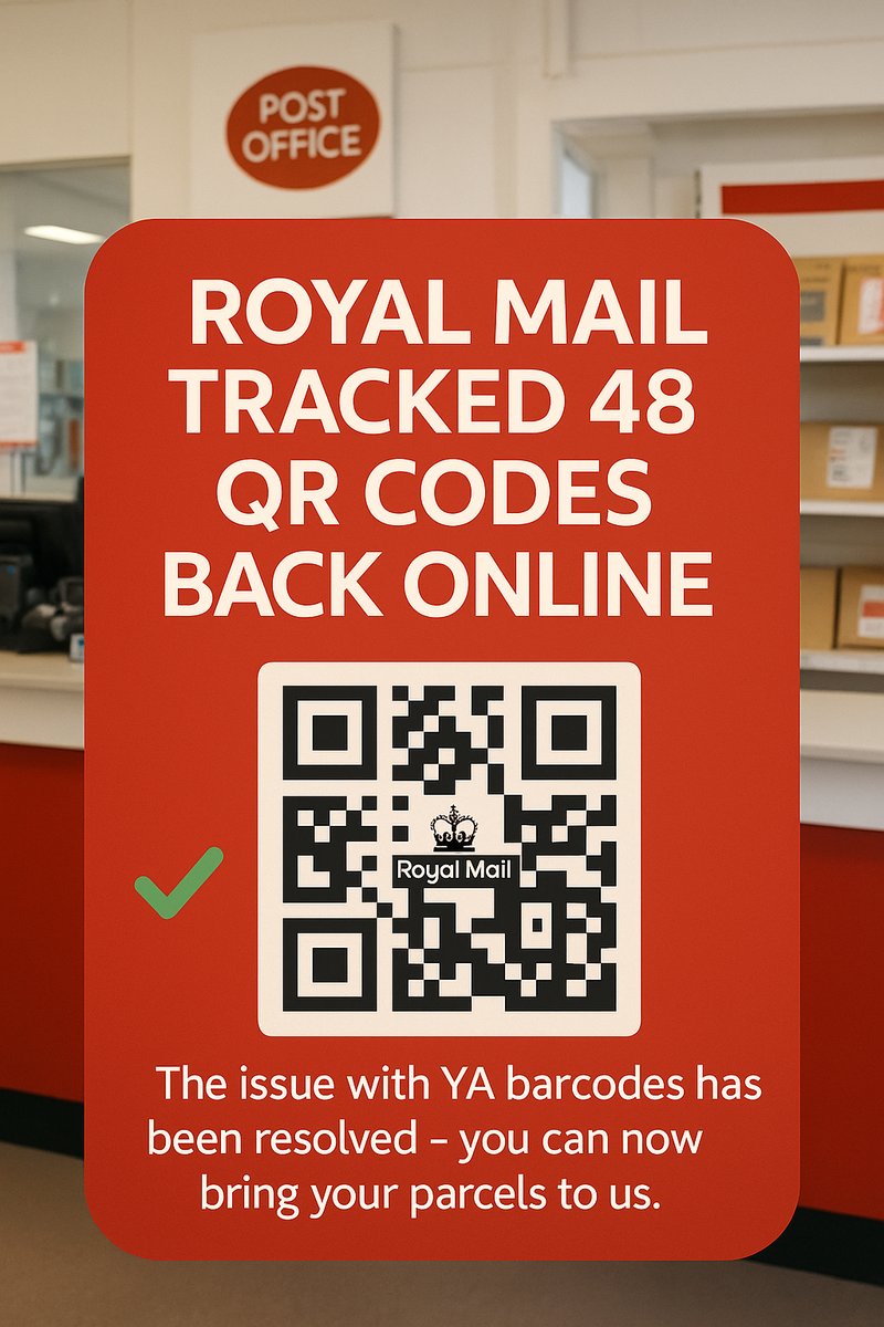 StoneCrossPO's tweet photo. 📦✨ Royal Mail Tracked 48 QR Code Services Are Back Online! ✨📦

We’re pleased to let our customers know that the issue affecting Royal Mail Tracked 48 QR codes (starting with YA) has now been resolved. ✅

Pop in today !

#StoneCrossPostOffice #RoyalMail #Tracked48 https://t.co/bqWJJa5CKw