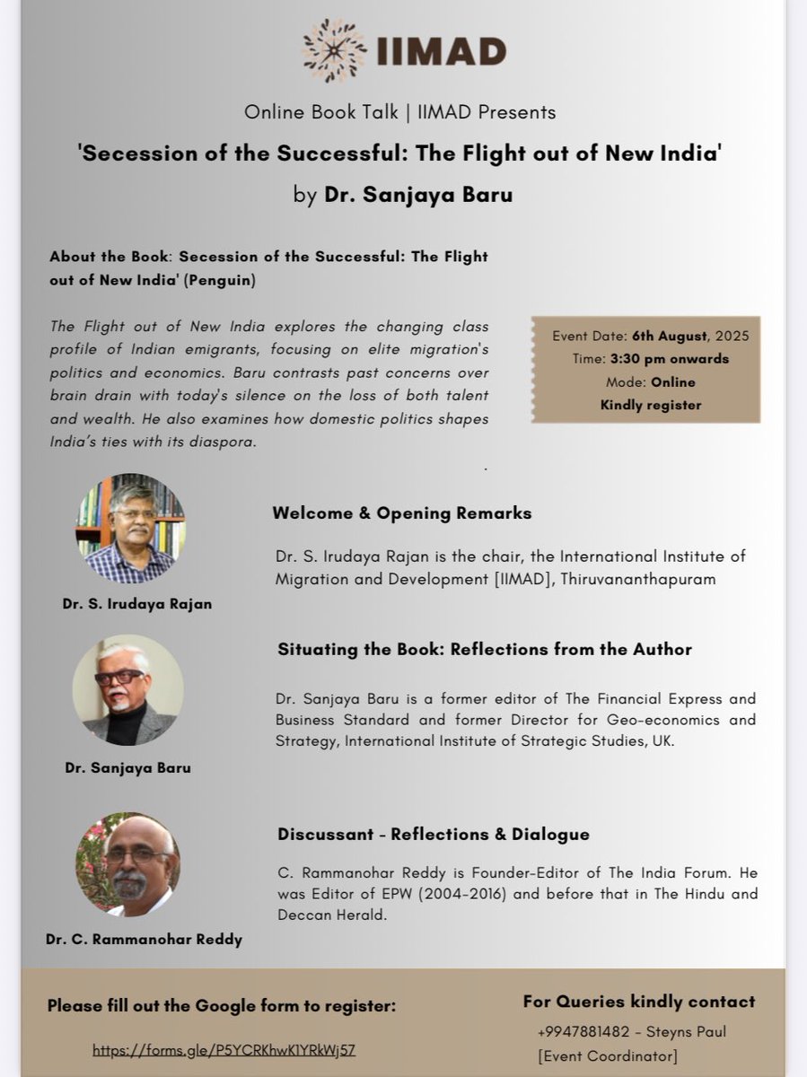 A Suitable Agency (@asuitableagency) on Twitter photo #HappeningTomorrow: Dr. <a href="/Barugaru1/">Sanjaya Baru</a> in conversation with Dr C. Rammanohar Reddy and Dr. S. Irudayan Rajan on his latest book, ‘Secession of the Successful’ as part of the Online Book Talk series presented by IIMAD.
Do register!
6th August, 2025
3:30 pm onwards
Online #HappeningTomorrow: Dr. <a href="/Barugaru1/">Sanjaya Baru</a> in conversation with Dr C. Rammanohar Reddy and Dr. S. Irudayan Rajan on his latest book, ‘Secession of the Successful’ as part of the Online Book Talk series presented by IIMAD.
Do register!
6th August, 2025
3:30 pm onwards
Online