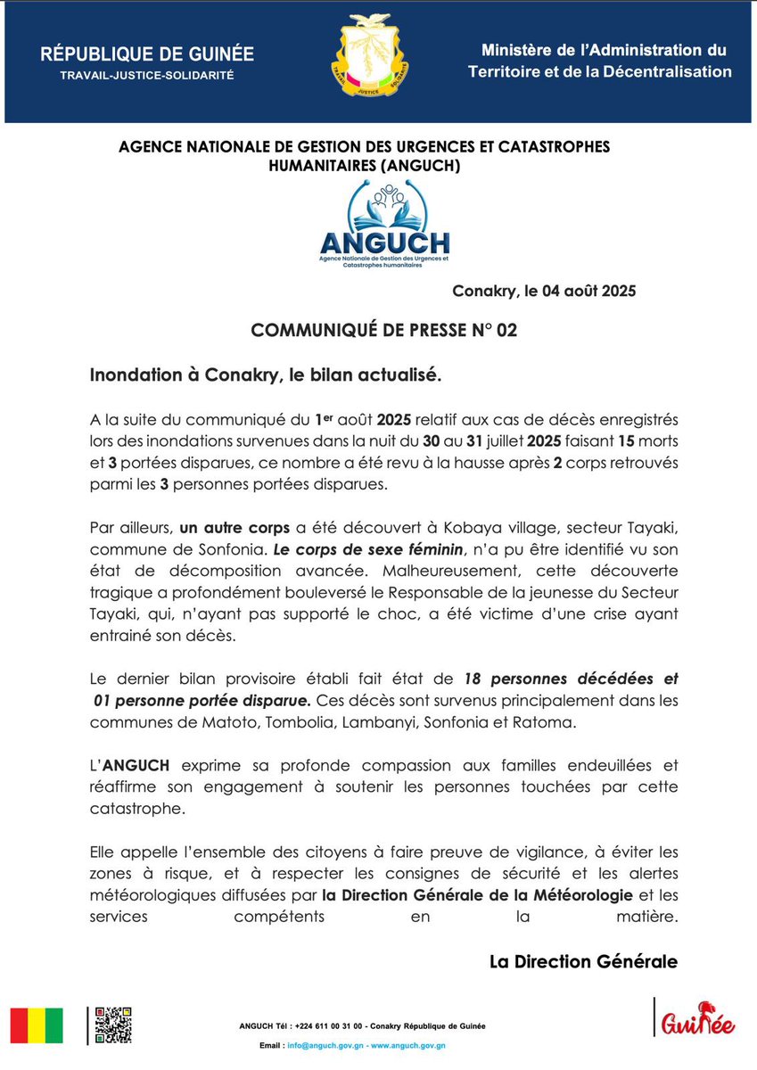 Saliou Diallo (@saliouthindel10) on Twitter photo #Inondation2025
Nous continuons malheureusement à enregistrer les conséquences désastreuses des inondations survenues la nuit du 30 au 31 juillet à Conakry.
Le bilan augmente à 18 morts et 01 portée disparue.
Plus d’infos : anguch.gov.gn
<a href="/Presidence_gn/">Présidence de la Guinée</a>
<a href="/PrimatureGN/">Primature de la République de Guinée</a> #Inondation2025
Nous continuons malheureusement à enregistrer les conséquences désastreuses des inondations survenues la nuit du 30 au 31 juillet à Conakry.
Le bilan augmente à 18 morts et 01 portée disparue.
Plus d’infos : anguch.gov.gn
<a href="/Presidence_gn/">Présidence de la Guinée</a>
<a href="/PrimatureGN/">Primature de la République de Guinée</a>