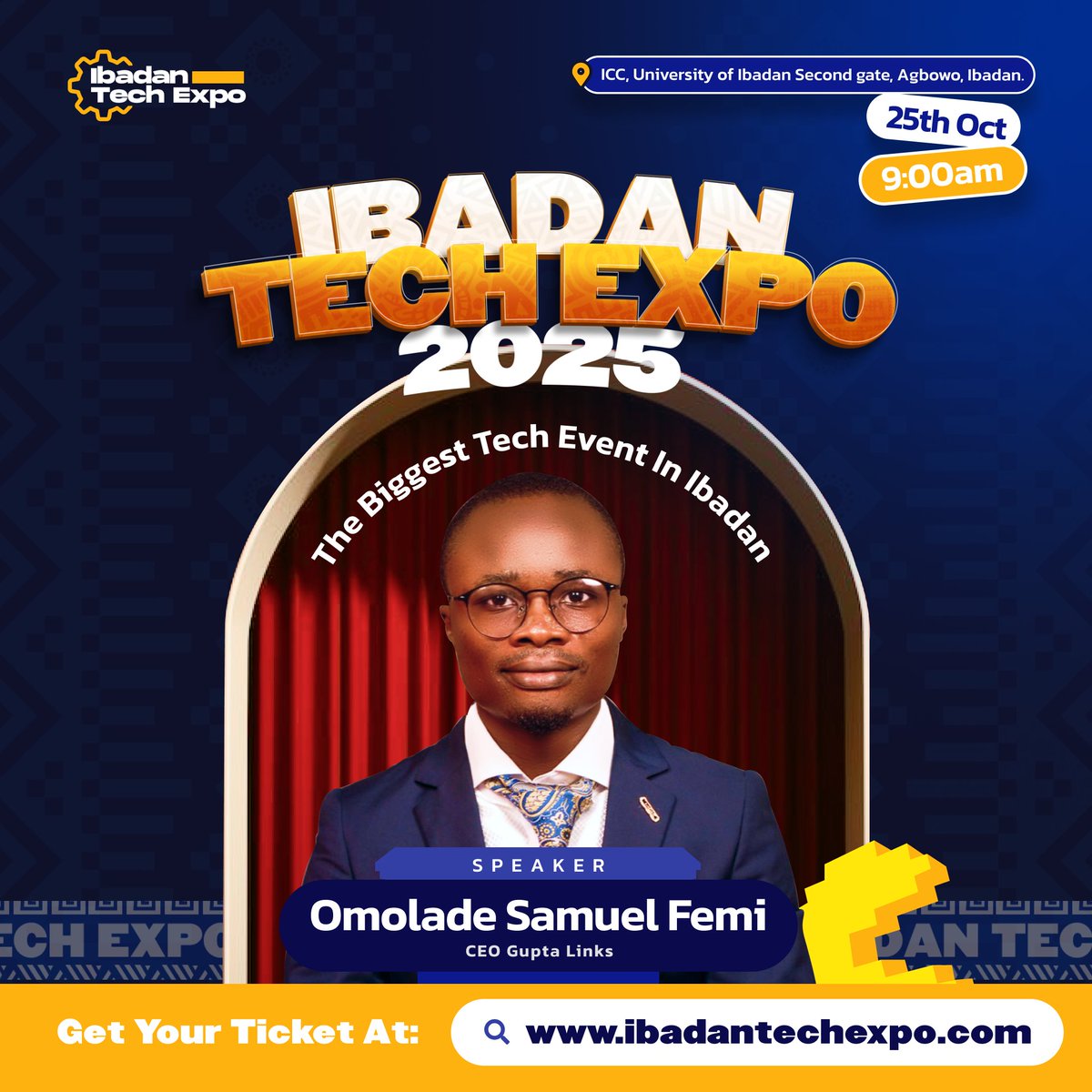 IbadanTechExpo's tweet image. SPEAKER ANNOUNCEMENT!!! @omoladesamuelf1 will be speaking at #IbadanTechExpo2025. We look forward to listening to the amazing insights he will be sharing with us at the event. Visit our website ibadantechexpo.com to get your tickets