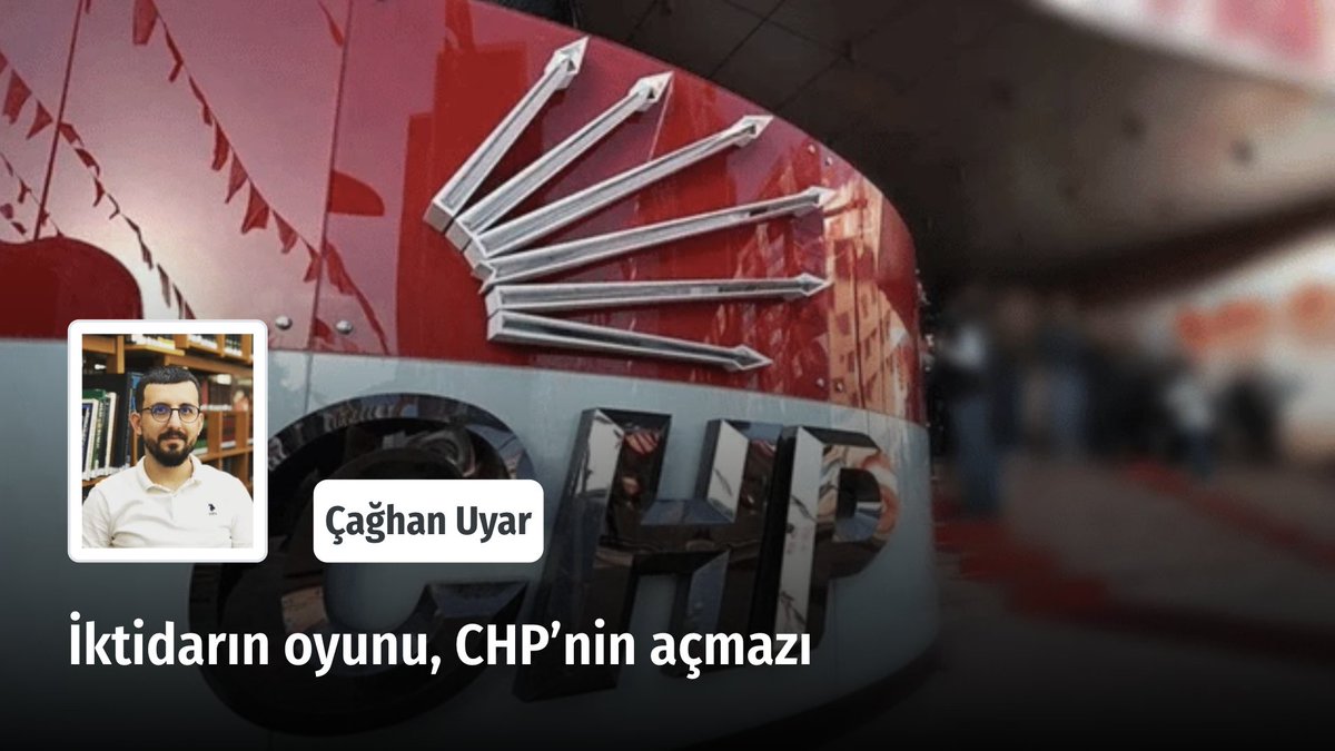Yeni Arayış (@yeniarayiscom) on Twitter photo ❝ CHP, yeterince milliyetçi olamama veya sol olamama gibi eleştirilerle sık karşılaşacaktır. ❞
İktidarın oyunu, CHP’nin açmazı
✍️ Çağhan Uyar (<a href="/caghanuyar/">Dr. Çağhan Uyar</a>) yazdı.
Okumak için ➡️ yeniarayis.com/yazi/iktidarin… ❝ CHP, yeterince milliyetçi olamama veya sol olamama gibi eleştirilerle sık karşılaşacaktır. ❞
İktidarın oyunu, CHP’nin açmazı
✍️ Çağhan Uyar (<a href="/caghanuyar/">Dr. Çağhan Uyar</a>) yazdı.
Okumak için ➡️ yeniarayis.com/yazi/iktidarin…