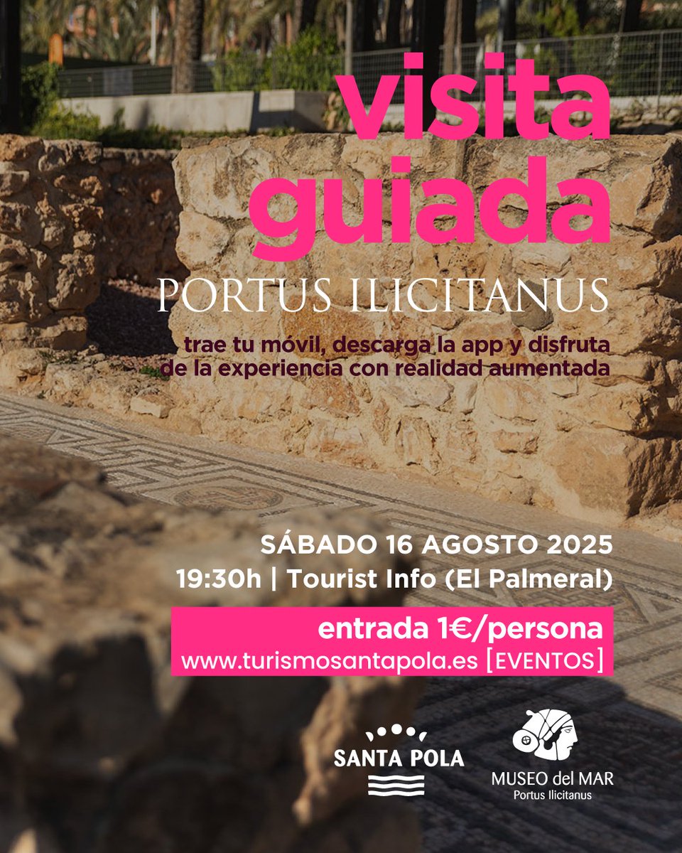#VisitaGuiada 👉🏼 Yacimiento arqueológico #PortusIlicitanus 📆 Sáb 16 ago 🕠 19:30h 📍Tourist info El Palmeral 🎟️ Entradas 👉🏼 bit.ly/Agosto2025_Vis…
🤳🏽 Descarga la app de realidad aumentada
Organiza <a href="/SantaPolaTurism/">Santa Pola Turismo</a> 

#patrimonio #SantaPola #MuseodelMarSantaPola #turismocultural