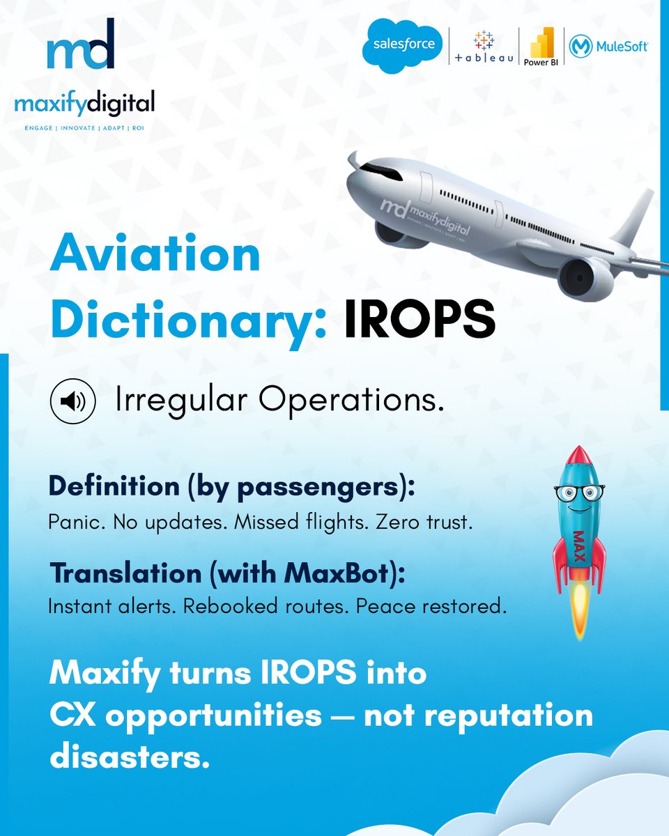 IROPS is a CX time bomb ticking inside your airline’s brand.
One missed update = lost loyalty.
✈️ Meet #MaxBot — your AI co-pilot for alerts, rebookings &amp; multilingual CX.
✅ 30% CSAT boost
✅ 40% lower agent load

📩 success@maxify.digital
#Airlines #AviationTech #Salesforce
