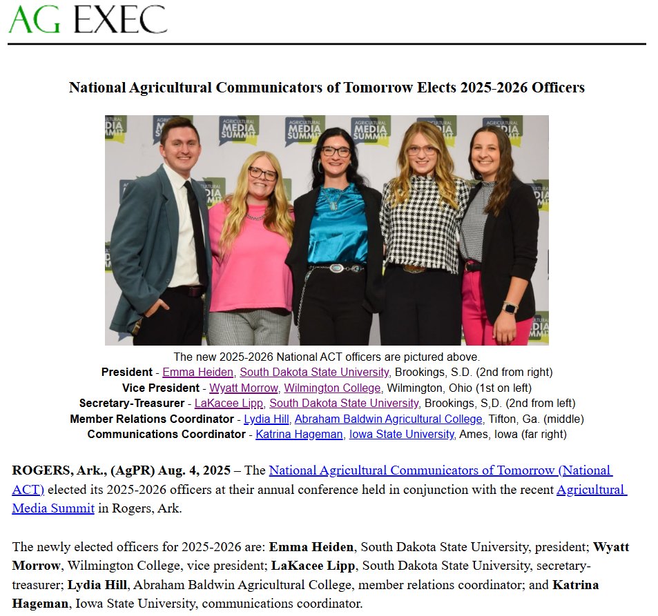AgEXEC (@agexec) on Twitter photo Congratulations!
National Agricultural Communicators of Tomorrow Elects 2025-2026 Officers. <a href="/NationalACT/">National ACT</a> NACTnow.org <a href="/AgMediaSummit/">Ag Media Summit</a> <a href="/agcommnetwork/">ACN</a> #agcommunications #agleaders #agcommunicators
agnewscenter.com/archives.cfm?n… via AgPR.com <a href="/agnewscenter/">agnewscenter AgPR</a> Congratulations!
National Agricultural Communicators of Tomorrow Elects 2025-2026 Officers. <a href="/NationalACT/">National ACT</a> NACTnow.org <a href="/AgMediaSummit/">Ag Media Summit</a> <a href="/agcommnetwork/">ACN</a> #agcommunications #agleaders #agcommunicators
agnewscenter.com/archives.cfm?n… via AgPR.com <a href="/agnewscenter/">agnewscenter AgPR</a>