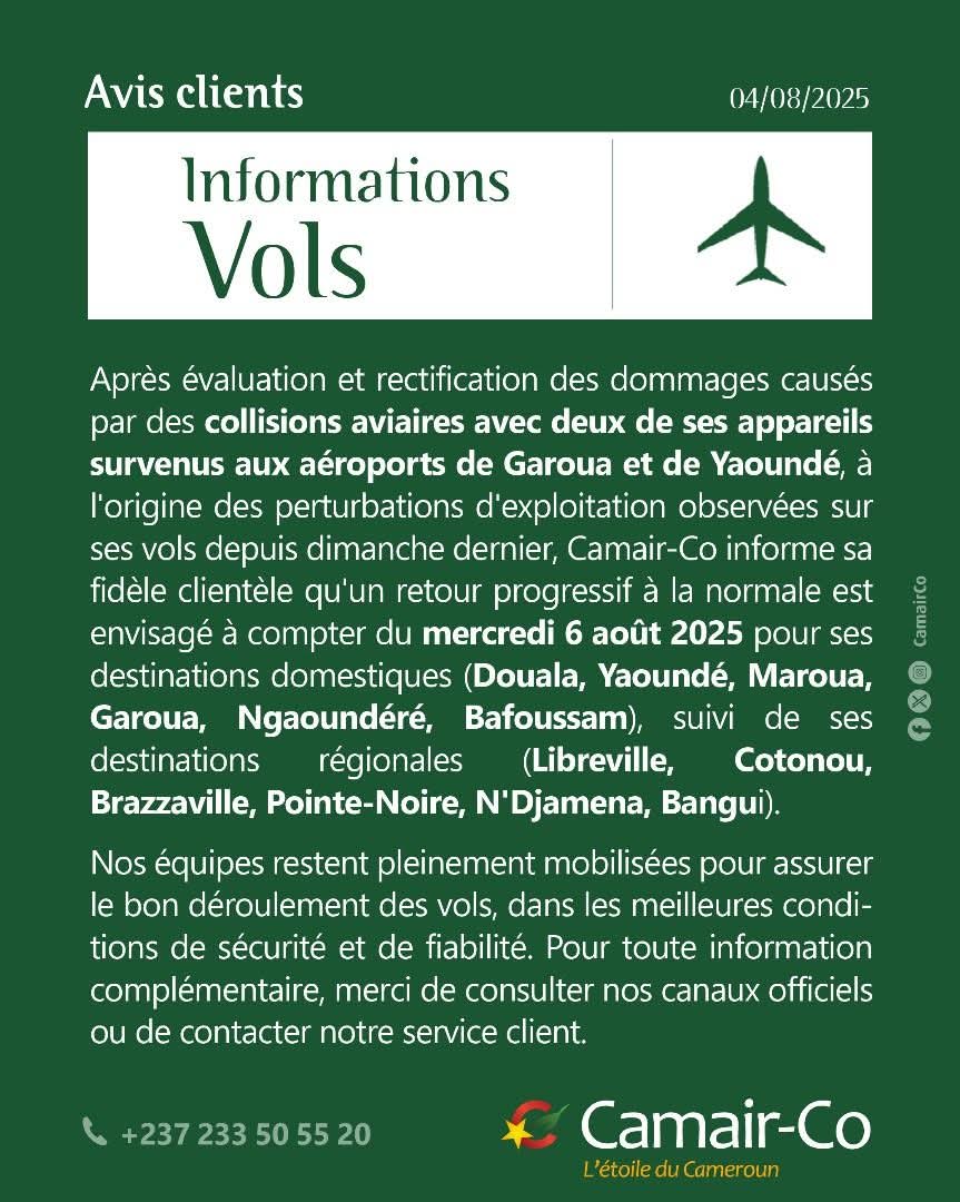 "bird strike" - Retour à la normale progressif à partir du mercredi 6 août 2025