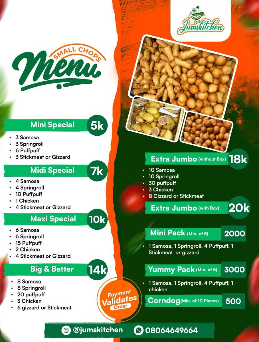 Jumskitchen's tweet image. Super falcons got 100k$
D’tigress got 100k$

Remove 7000 from your savings  and  get yourself a platter of yummy smallchops from us.
#smallchops #smallchopsinakure #bestsmallchopsinakure