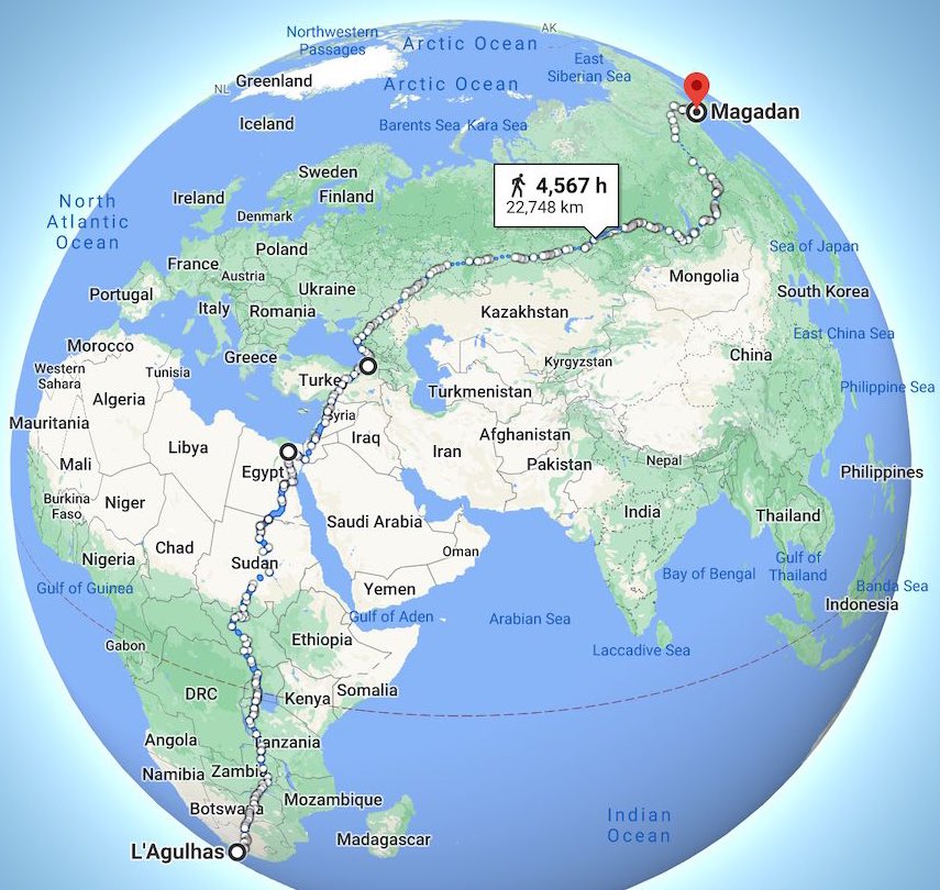 ¿Te gusta dar paseos largos? ¿Mandar a tomar por culo a la gente? Aquí la solución. Esta es la mayor distancia que se puede recorrer andando en el mundo. Son 22748 km y cruzas 17 países. Durante el recorrido encontrarás animales peligrosos, climas muy extremos y unas 7 guerras.