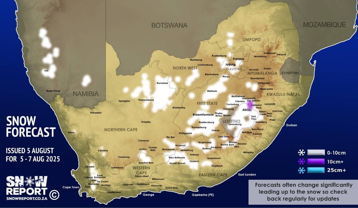 ❄ SNOW UPDATE: Snow, sleet, or a mix of snow and rain is currently indicated in all South African provinces, Lesotho and Namibia - more details at snowreport.co.za #snowreportsa #africansnow #weather #namibiasnow #joburgsnow