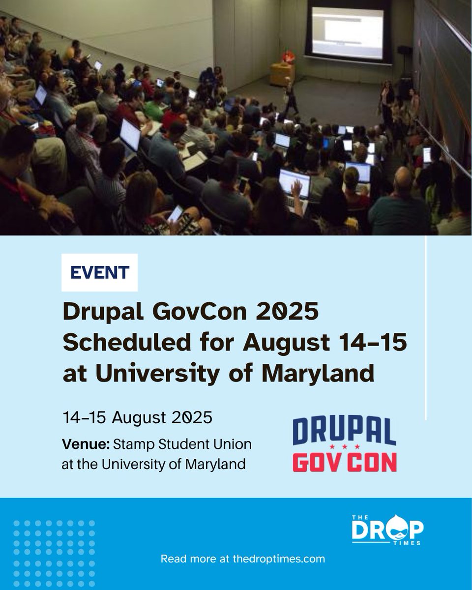 thedroptimes's tweet image. Drupal GovCon 2025 lands Aug 14–15 at UMD! Two packed days of sessions on AI, accessibility, security &amp;amp; more. Plus networking, sprints, and an Acquia-hosted party. Free to attend—space is limited! #DrupalGovCon #GovTech #OpenSource bit.ly/4523Osl