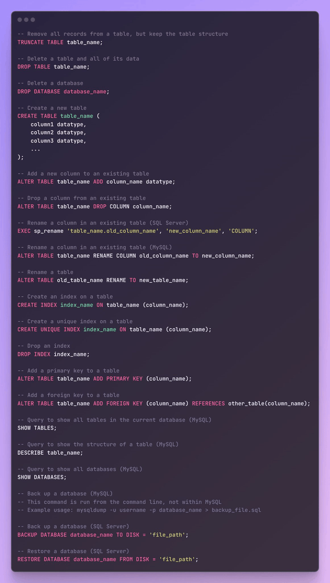 MentorWebDev's tweet image. SQL Database/Table commands