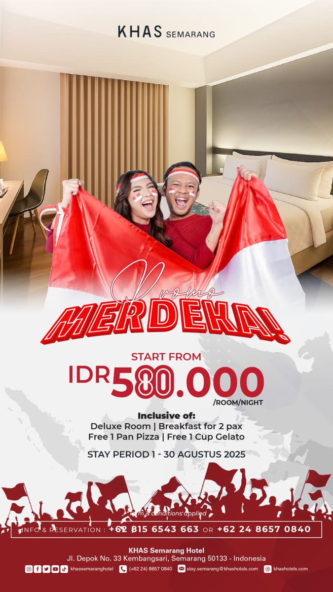 MERDEKA!!!! 
Nikmati kemerdekaan dari rutinitas harianmu bersama KHAS Semarang Hotel. 

📍 KHAS Semarang Hotel
Jl. Depok No. 33, Semarang
📲 Info &amp; Reservasi:
📱 0815 6543 663
☎️ 024 8657 0840
📩 stay.semarang@hotels.com
🌐 khashotels.com
📱 FB &amp; IG: 
<a href="/khassemaranghtl/">KHAS Semarang Hotel</a>