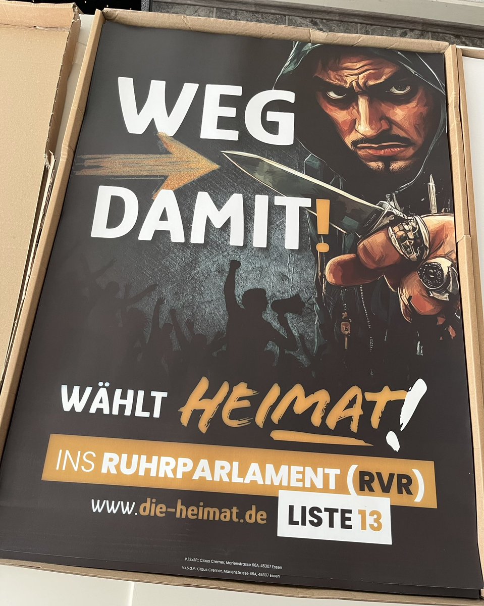🪧 Die ersten Plakatmotive für den Wahlkampf zum Ruhrparlament sind heute in unserer Geschäftsstelle eingetroffen. In den nächsten Tagen folgt weiteres Material.

Am 14.09.: HEIMAT wählen! 

#FürUnserLand #FürUnsereRegion

t.me/clauscremernrw…