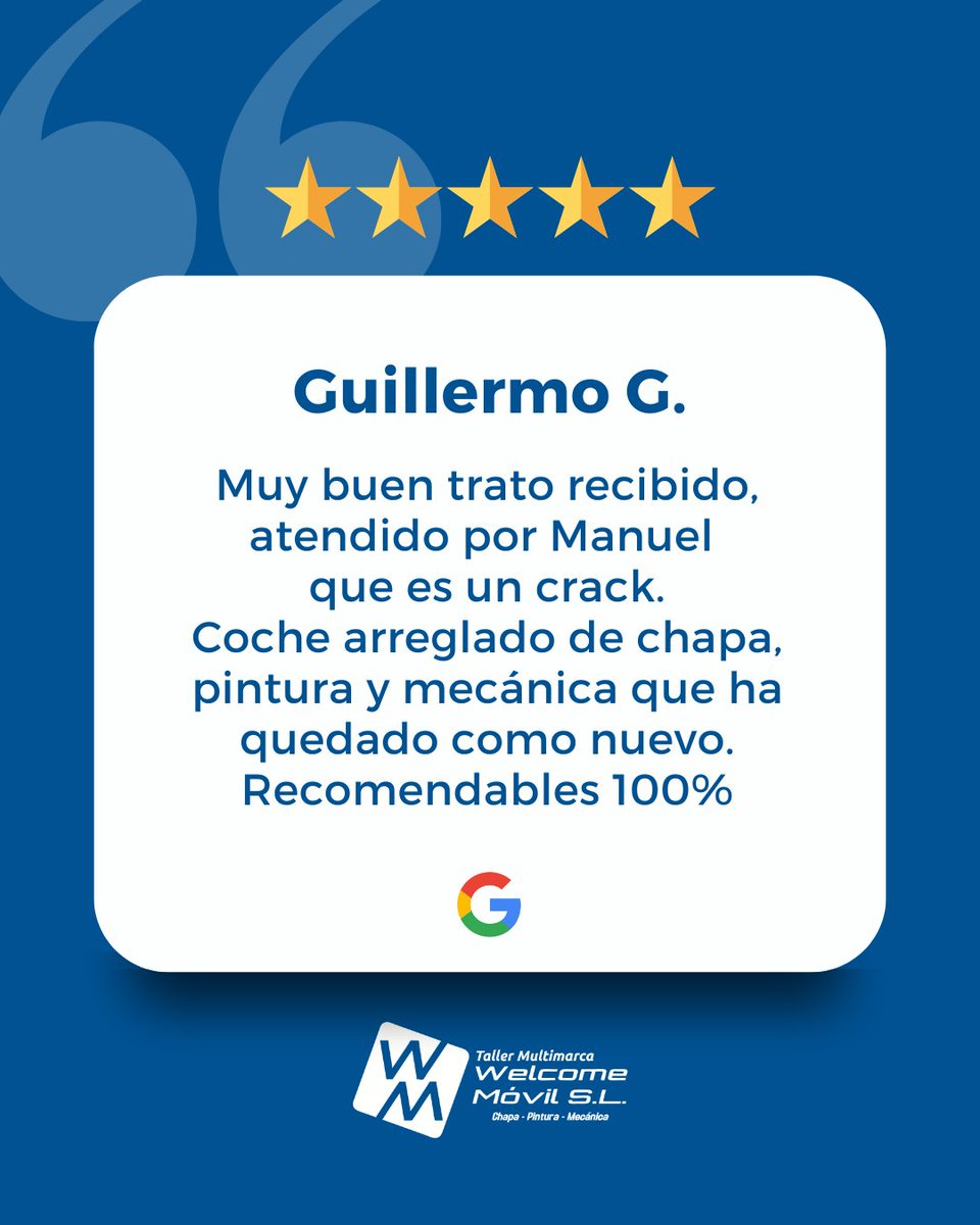 📝 ¡Hoy os queremos enseñar una reseña que nos hace sentir muy orgullosos!

Todo el equipo de Taller Welcome Móvil te agradece sinceramente por compartir tu opinión con nosotros.

#SomosTuTaller