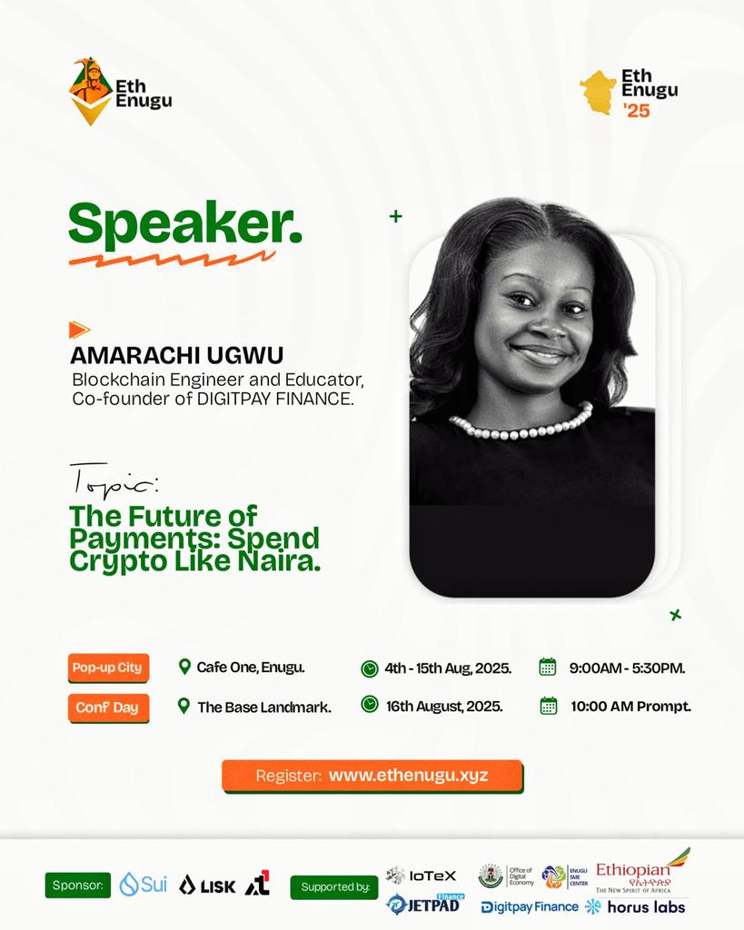 Eth Enugu || 042 Onchain (@eth_enugu) on Twitter photo Guess who's coming next?
AMARACHI UGWU (<a href="/amarachiugwu_/">amarachiugwu.eth</a>) is a Blockchain Engineer and an Educator.
She is the co-founder of <a href="/digitpayfinance/">Digitpay Finance ( AyaHQ ‘24 )</a>,
a fintech payment product that allows you to spend crypto like you spend cash.
The Future of Payments; Spend Crypto like Naira.
You Guess who's coming next?
AMARACHI UGWU (<a href="/amarachiugwu_/">amarachiugwu.eth</a>) is a Blockchain Engineer and an Educator.
She is the co-founder of <a href="/digitpayfinance/">Digitpay Finance ( AyaHQ ‘24 )</a>,
a fintech payment product that allows you to spend crypto like you spend cash.
The Future of Payments; Spend Crypto like Naira.
You