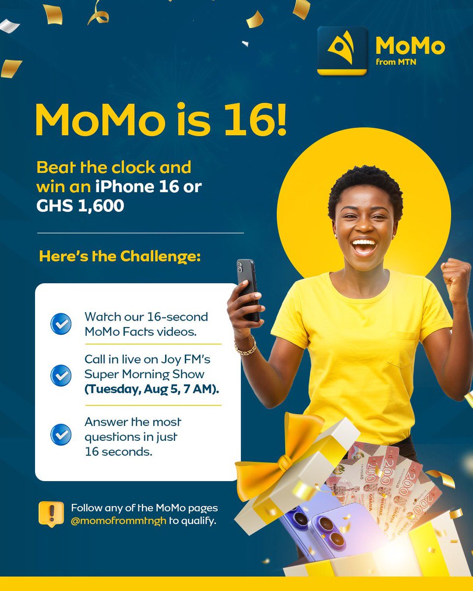 We ooonnn 🙈 Live on Joy FM! It’s the MoMo 16th Anniversary celebration. Listen to Winston Amoah on the Super Morning Show and call in to answer questions in 16 seconds. An iPhone or ₵1,600 is up for grabs! #MoMoAt16